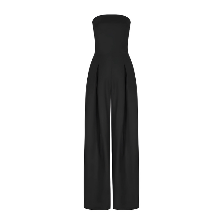 "Combinaison élégante sans bretelles, silhouette gracieuse, tissu léger, idéale pour occasions chic ou décontractées."