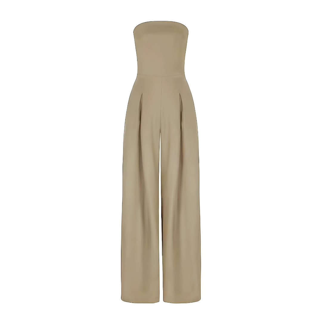 "Combinaison élégante sans bretelles, silhouette gracieuse, tissu léger, idéale pour occasions chic ou décontractées."