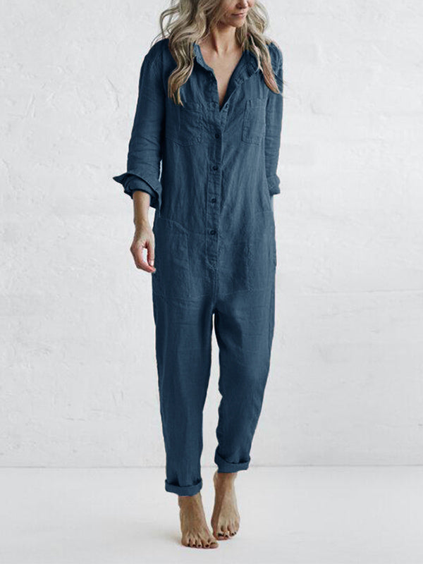 Jumpsuit femme polyvalente, manches longues, un essentiel mode pour un look décontracté ou élégant.