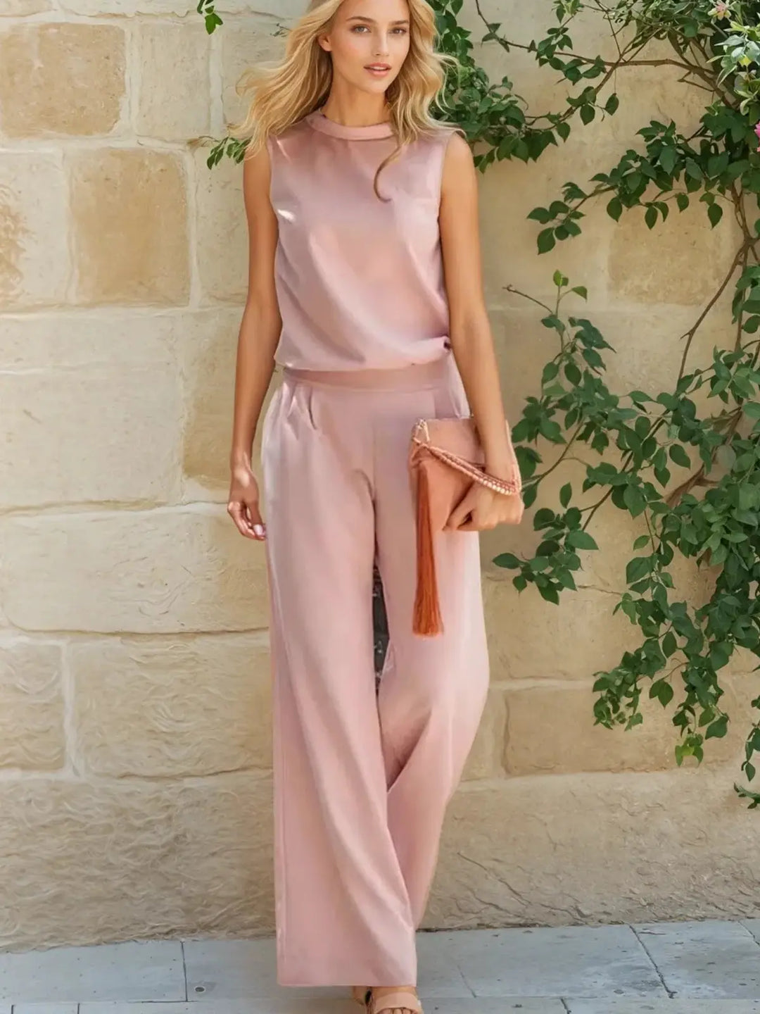 Combinaison femme fluide noire sans manches, élégante et moderne pour l'été. Look chic décontracté, mode actuelle.