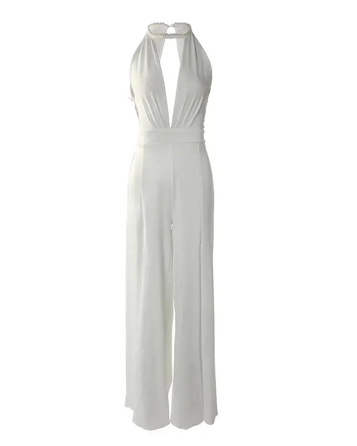 Combinaison soirée femme, col V et coupe fluide, parfaite pour un événement spécial ou gala.