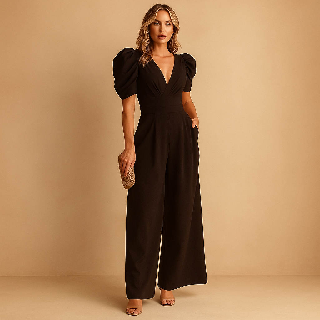 Jumpsuit femme tendance, coupe fluide et raffinée, parfaite pour un look de cérémonie chic et moderne.