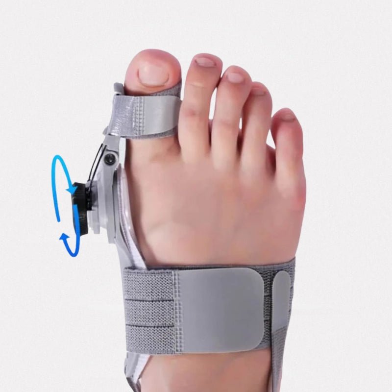 Correcteur discret hallux valgus, soulagement douleur, design confortable, adapté chaussures, utilisation quotidienne.