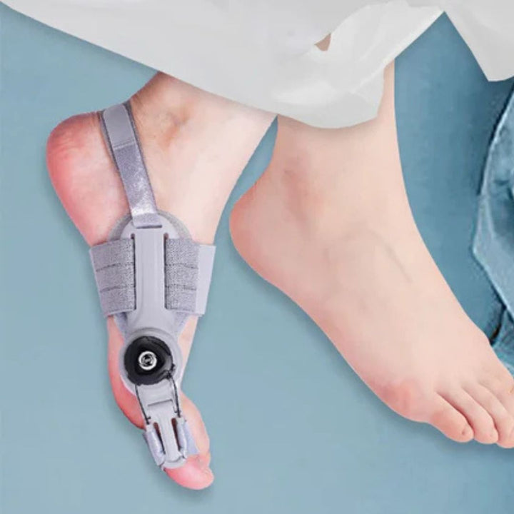 Correcteur discret hallux valgus, soulagement douleur, design confortable, adapté chaussures, utilisation quotidienne.