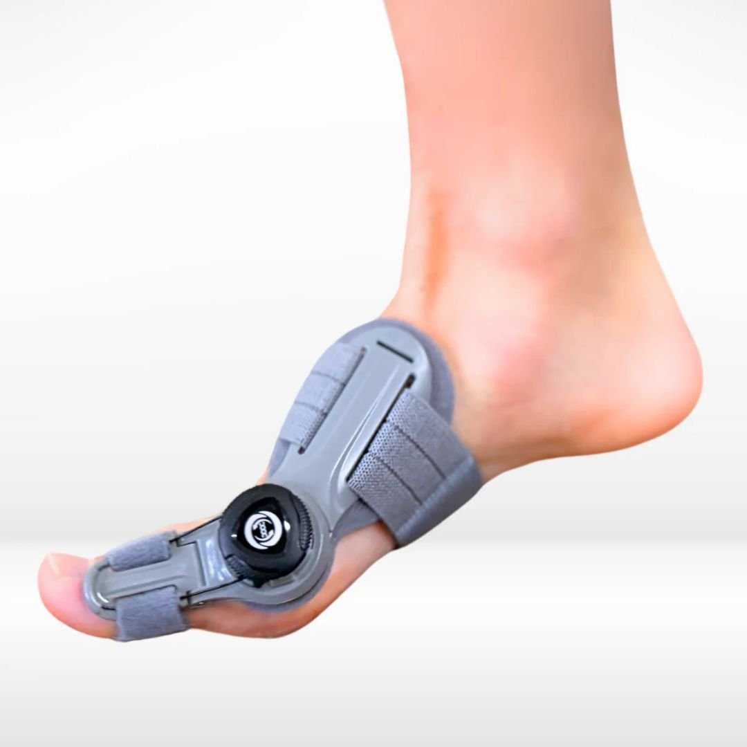 Correcteur discret hallux valgus, soulagement douleur, design confortable, adapté chaussures, utilisation quotidienne.