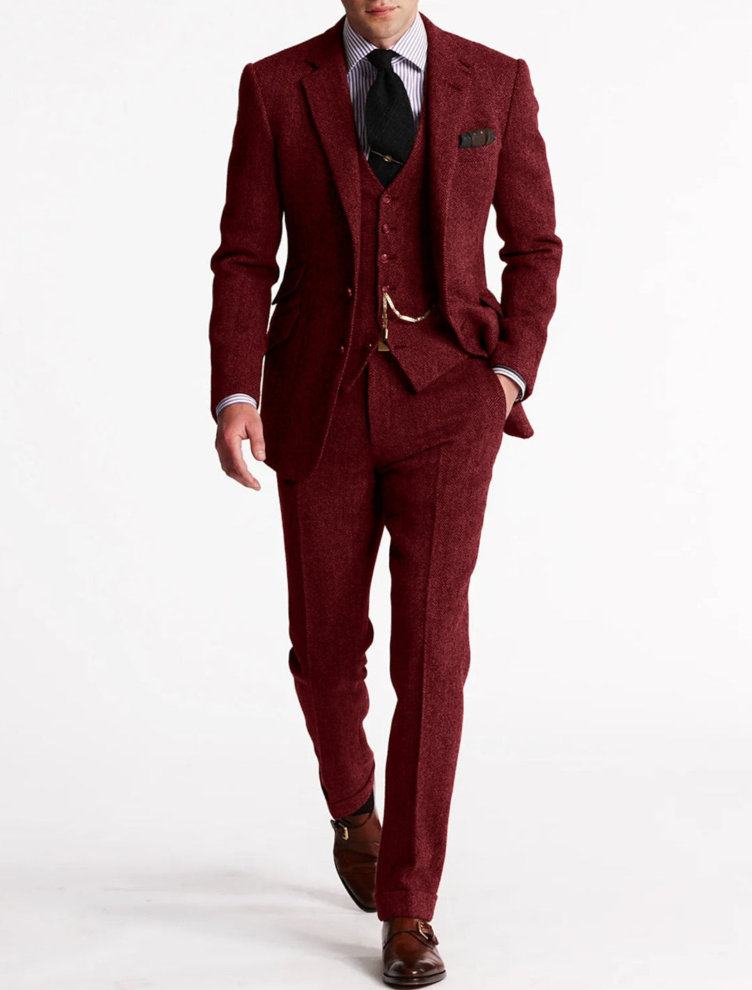 "Costume 3 pièces homme, smoking tweed élégant, fini impeccable, look raffiné, tissus de qualité, coupe sur mesure."