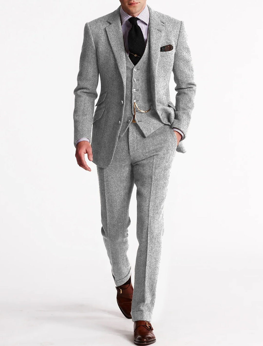 "Costume 3 pièces homme, smoking tweed élégant, fini impeccable, look raffiné, tissus de qualité, coupe sur mesure."