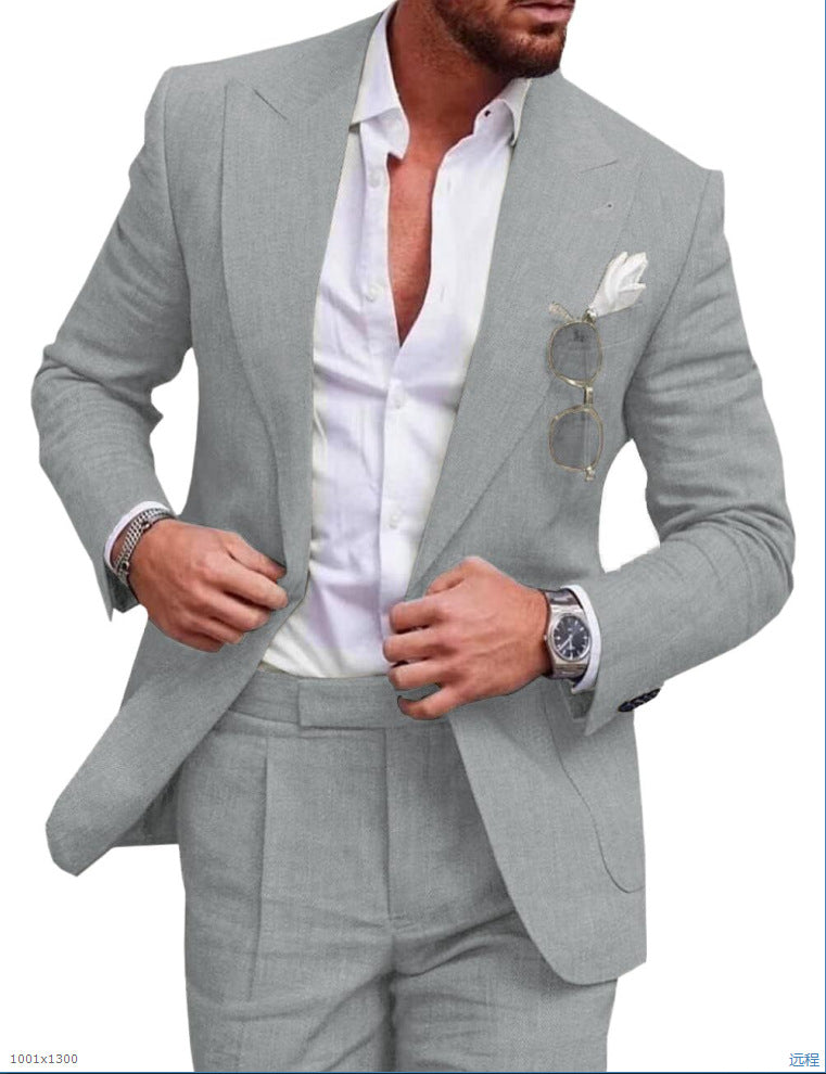 Costume homme 2 pièces, veste et pantalon, style moderne, idéal pour cérémonie.