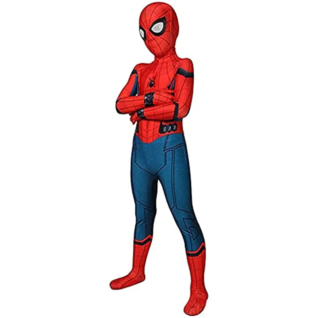 Enfant déguisé en Spider-Man rouge, prêt pour l'aventure. Costume super-héros stimulant l'imagination des garçons.