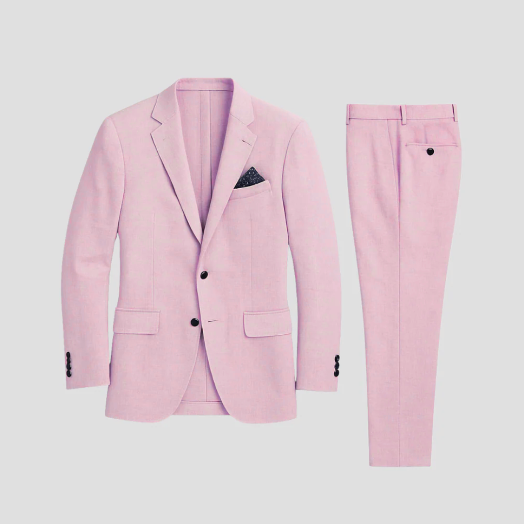 "Costume d'été en lin pour homme, blazer 2 boutons et pantalon fuselé, coupe moderne, coloris variés, style et confort."