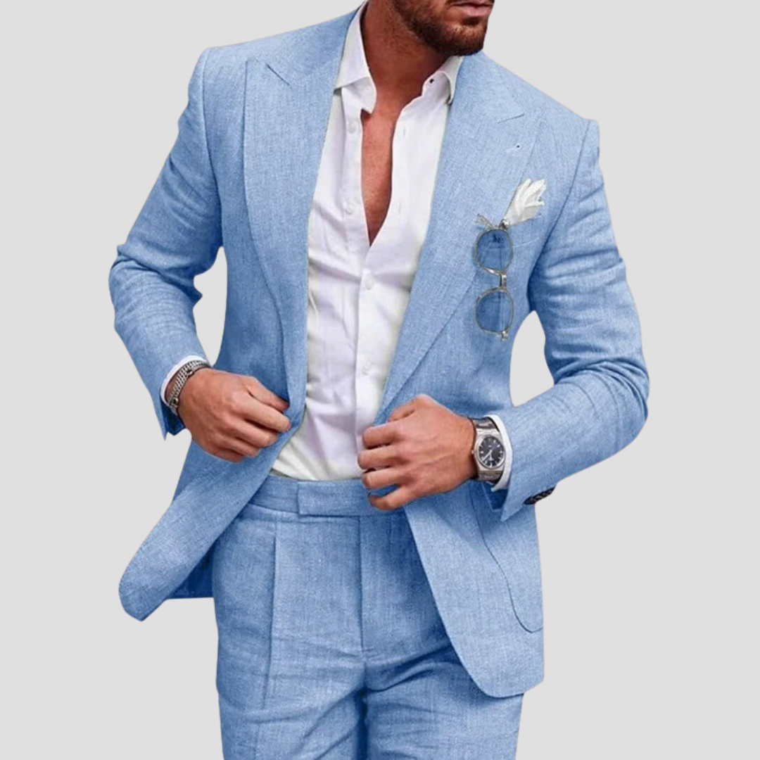"Costume d'été en lin pour homme, blazer 2 boutons et pantalon fuselé, coupe moderne, coloris variés, style et confort."