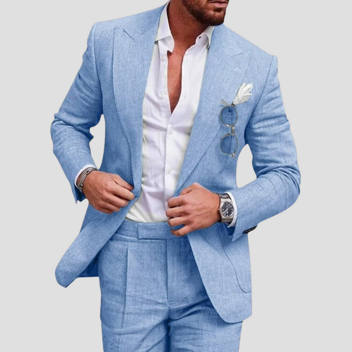 "Costume d'été en lin pour homme, blazer 2 boutons et pantalon fuselé, coupe moderne, coloris variés, style et confort."