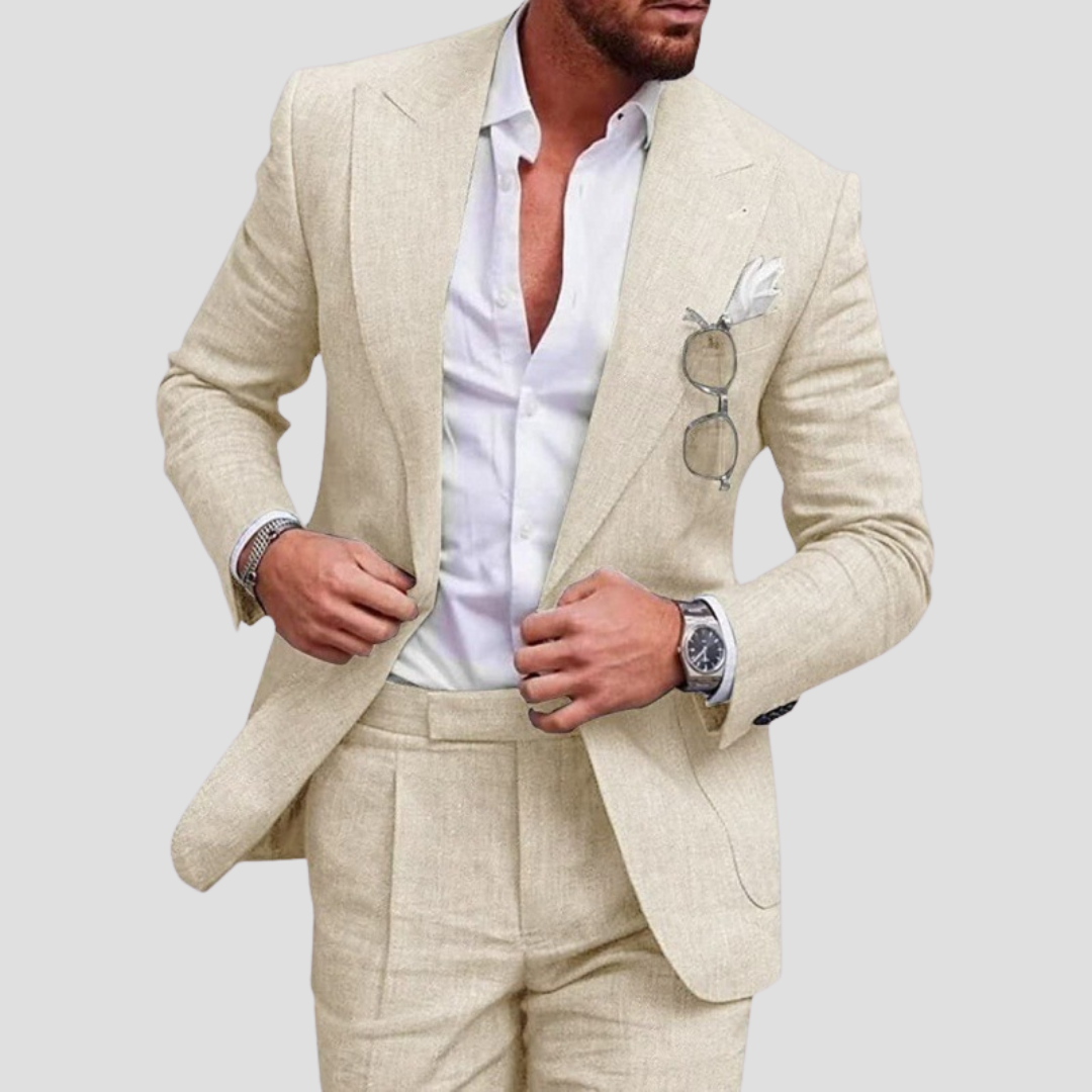 "Costume d'été en lin pour homme, blazer 2 boutons et pantalon fuselé, coupe moderne, coloris variés, style et confort."