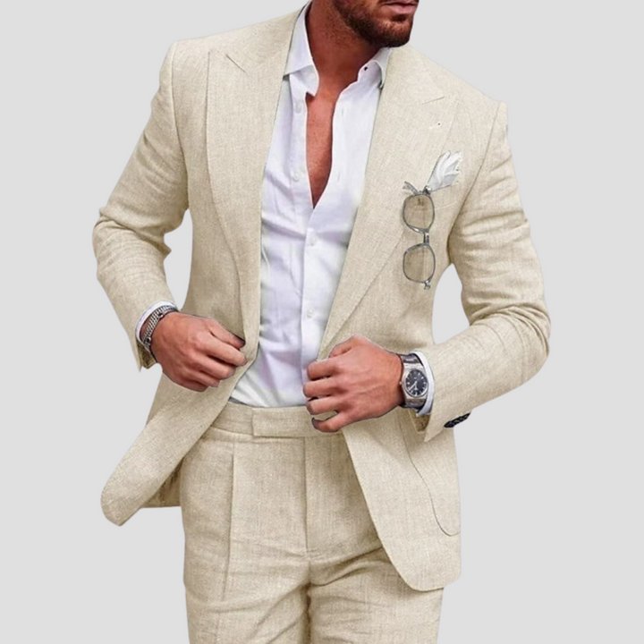 "Costume d'été en lin pour homme, blazer 2 boutons et pantalon fuselé, coupe moderne, coloris variés, style et confort."