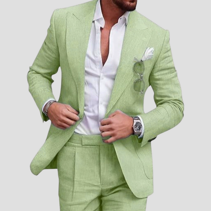 "Costume d'été en lin pour homme, blazer 2 boutons et pantalon fuselé, coupe moderne, coloris variés, style et confort."