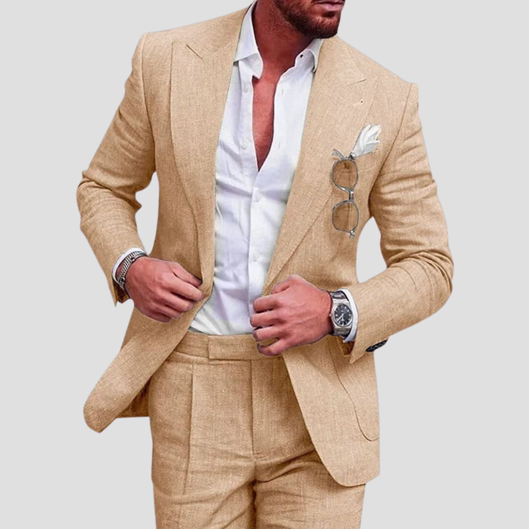 "Costume d'été en lin pour homme, blazer 2 boutons et pantalon fuselé, coupe moderne, coloris variés, style et confort."