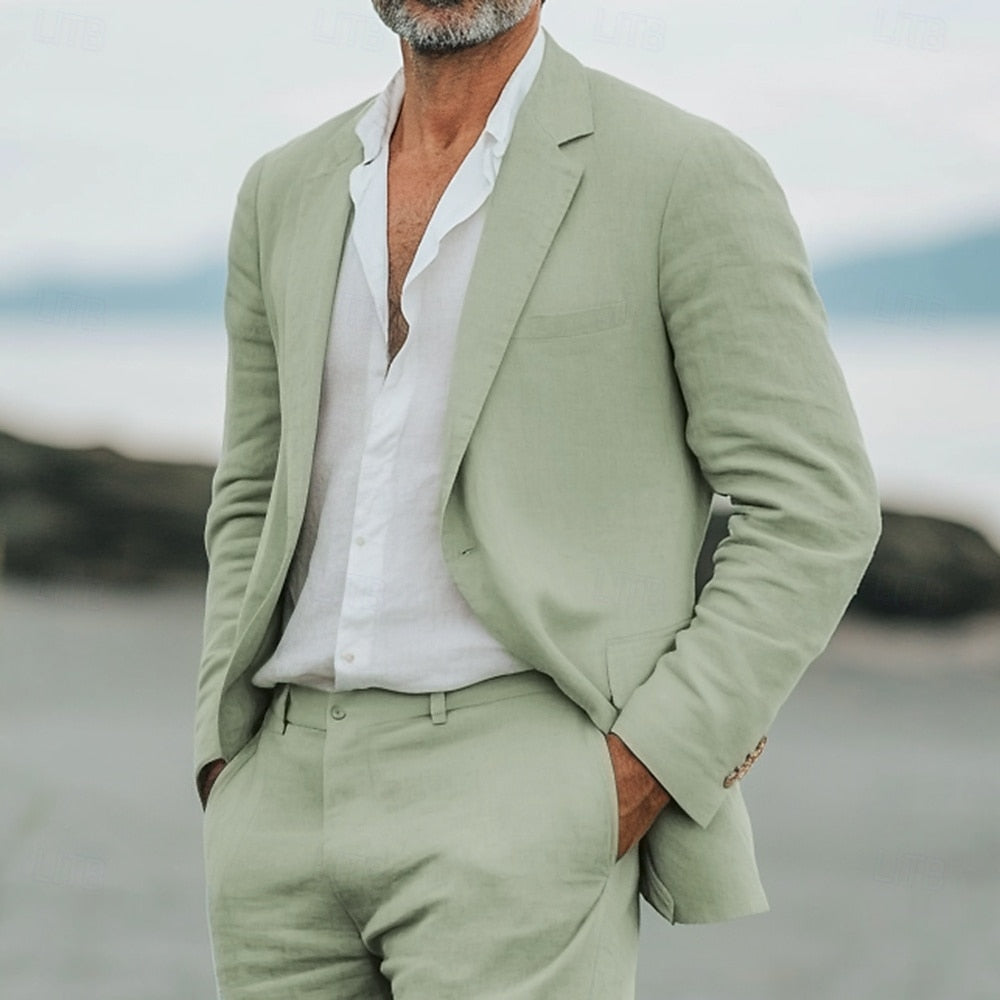 "Costume en lin deux pièces élégant pour homme, vue de face, léger et aéré, idéal été."