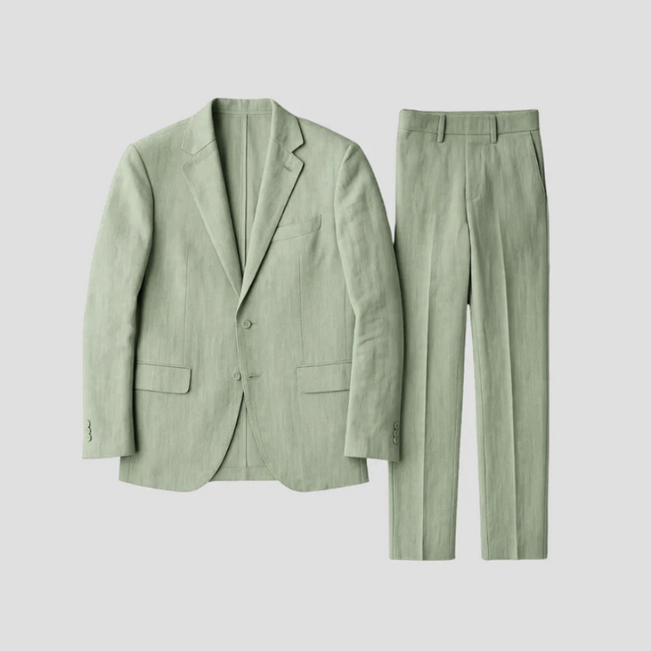 "Costume en lin léger homme, vert sauge, coupe décontractée. Idéal pour un style estival chic et confortable."