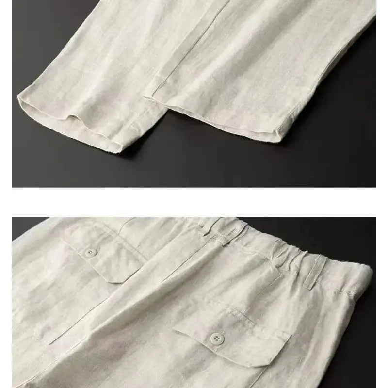 "Costume en lin luxueux pour homme, élégant et intemporel, avec veste et pantalon chic, idéal pour événements formels."