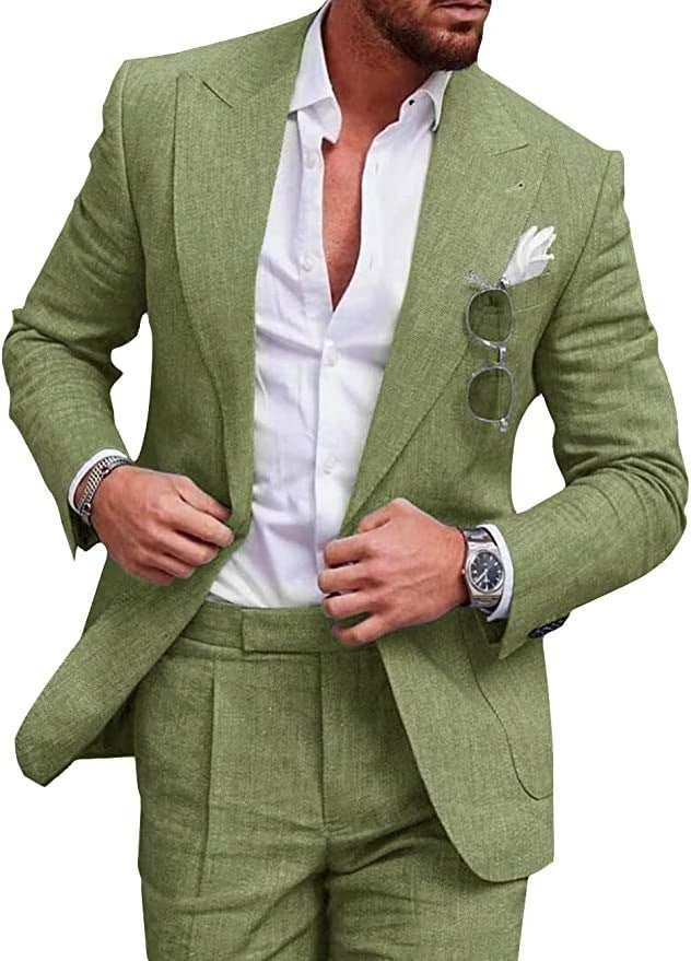 "Costume en lin pour mariages, élégant deux pièces, avec revers raffiné et coupe classique, pour hommes sophistiqués."