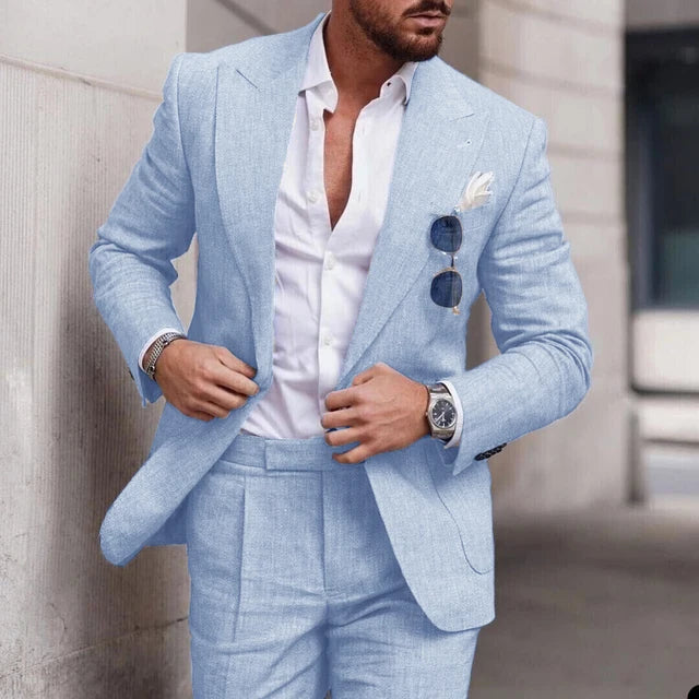 "Costume en lin pour mariages, élégant deux pièces, avec revers raffiné et coupe classique, pour hommes sophistiqués."
