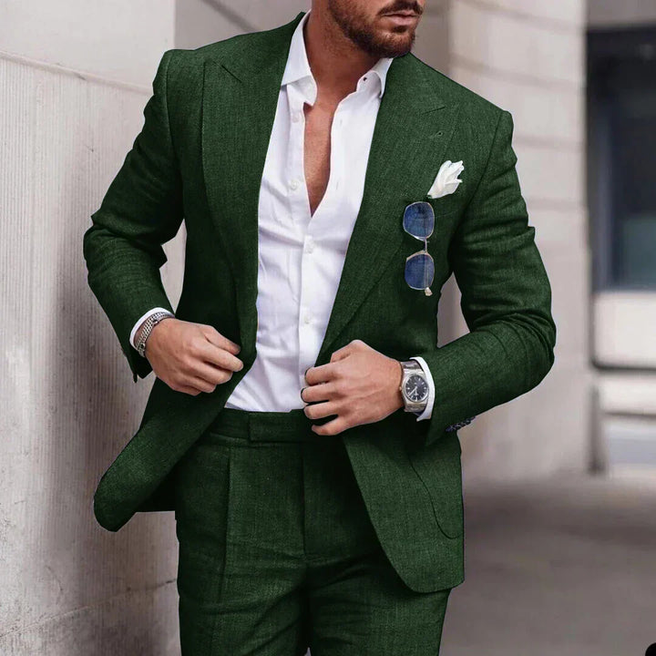 "Costume en lin pour mariages, élégant deux pièces, avec revers raffiné et coupe classique, pour hommes sophistiqués."