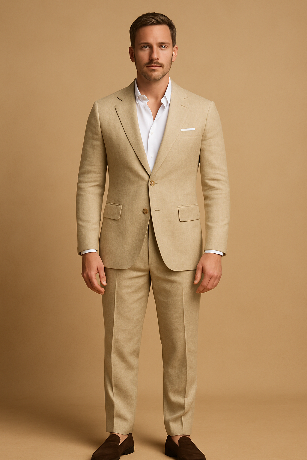 "Costume en lin pour mariages, élégant deux pièces, avec revers raffiné et coupe classique, pour hommes sophistiqués."