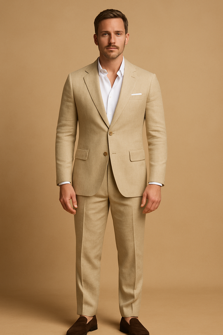 "Costume en lin pour mariages, élégant deux pièces, avec revers raffiné et coupe classique, pour hommes sophistiqués."
