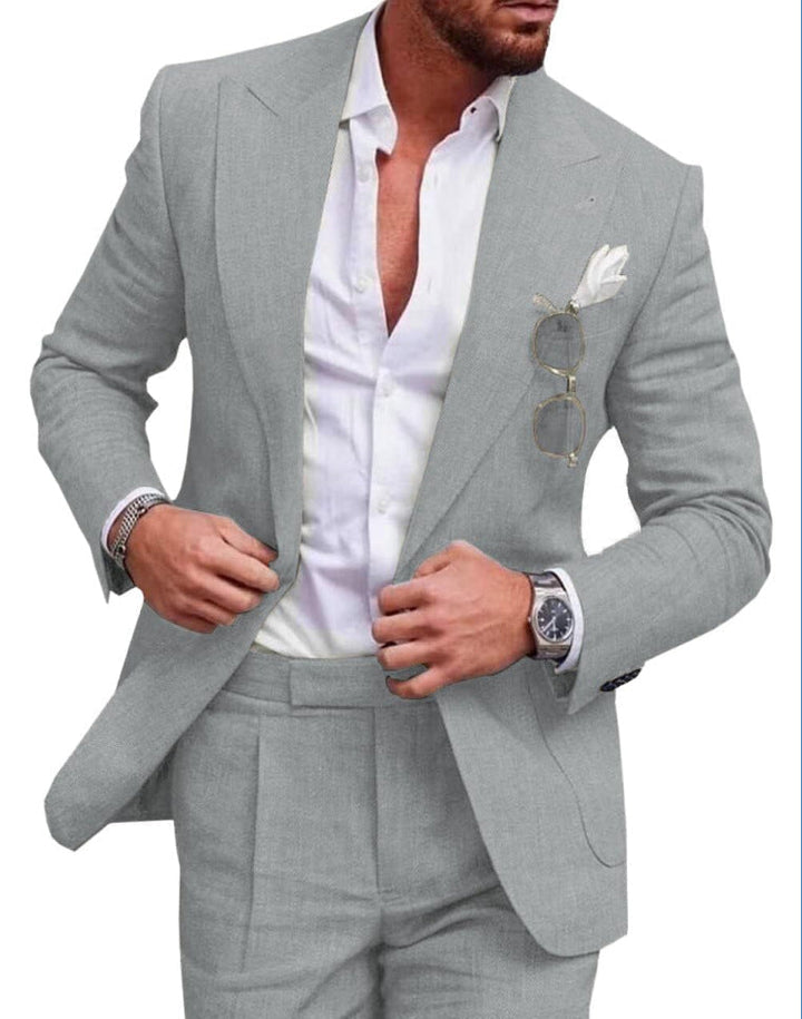 "Costume en lin pour mariages, élégant deux pièces, avec revers raffiné et coupe classique, pour hommes sophistiqués."