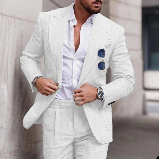 "Costume en lin pour mariages, élégant deux pièces, avec revers raffiné et coupe classique, pour hommes sophistiqués."