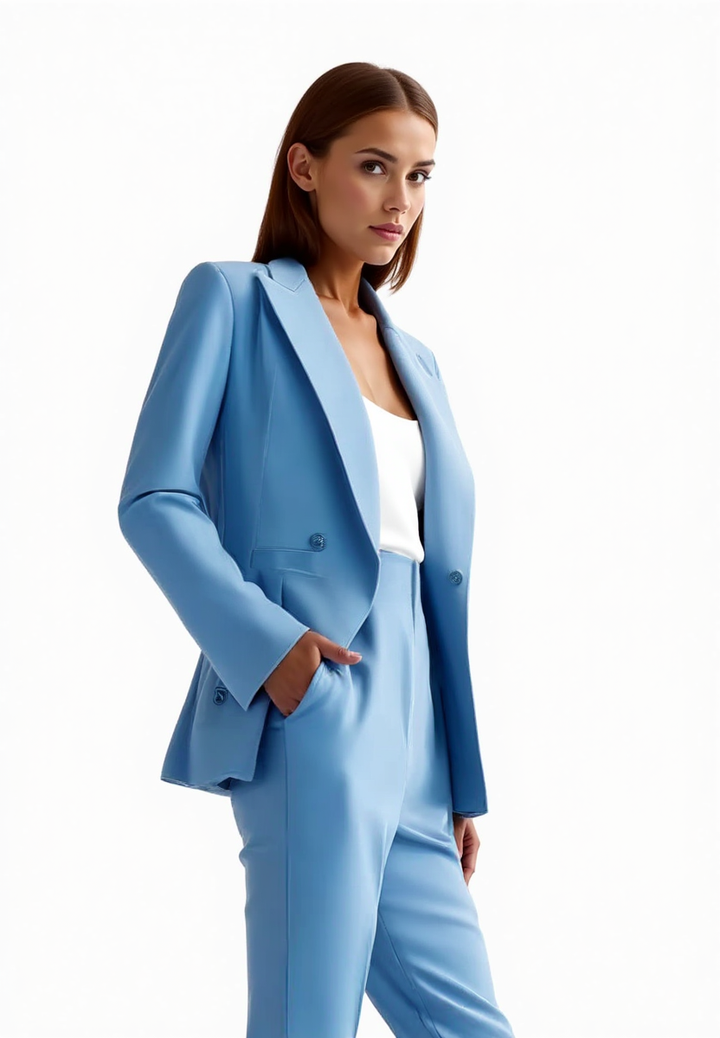 "Costume femme chic 2 pièces, blazer structuré noir et pantalon droit élégant, idéal pour un style sophistiqué et moderne."
