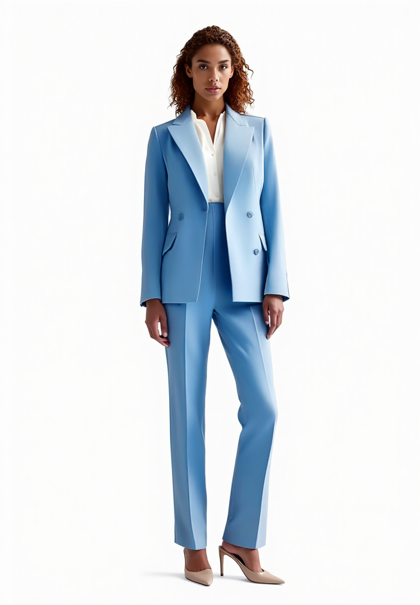 "Costume femme chic 2 pièces, blazer structuré noir et pantalon droit élégant, idéal pour un style sophistiqué et moderne."
