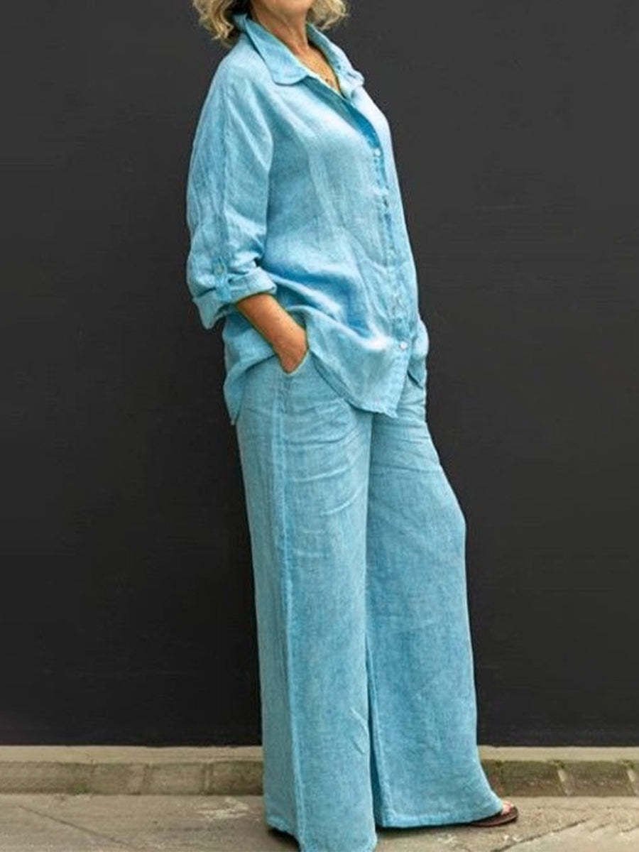 Ensemble deux pièces femme respirant en coton lin, tenue décontractée et confortable.