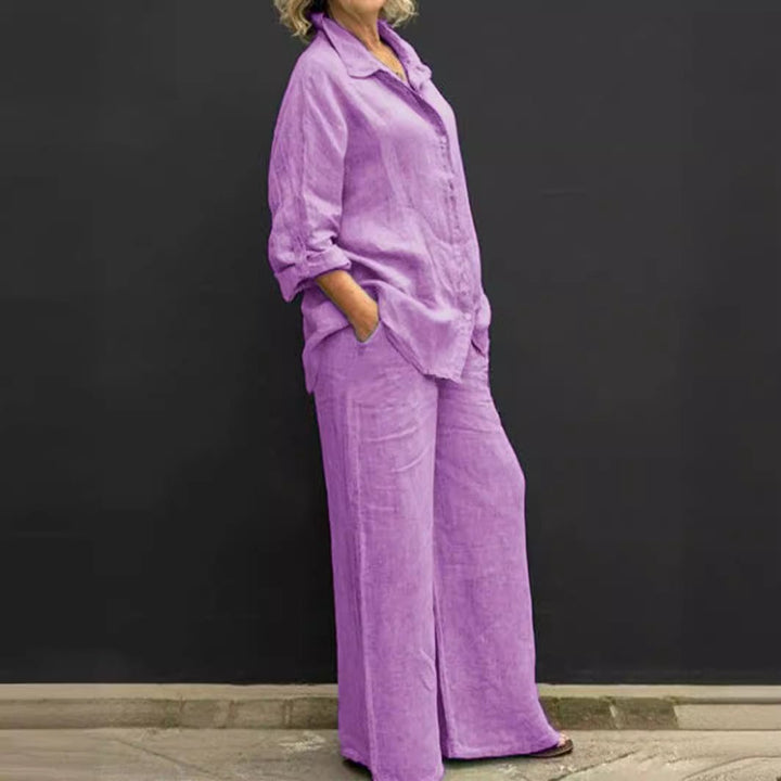 Vêtements femme: ensemble blazer et pantalon en coton lin, tenue élégante et respirante.