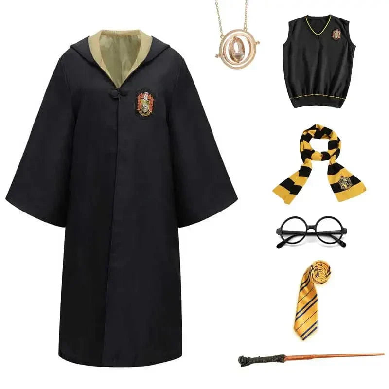 Costume Harry Potter complet unisexe avec robe de sorcier, écharpe Poudlard et accessoires magiques pour enfant.
