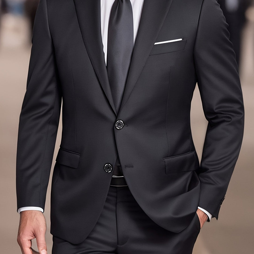"Costume homme 2 pièces élégant, veste et pantalon ajustés, idéal pour affaires et réceptions. Sophistication moderne."