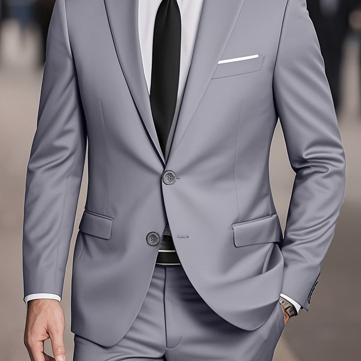 "Costume homme 2 pièces élégant, veste et pantalon ajustés, idéal pour affaires et réceptions. Sophistication moderne."