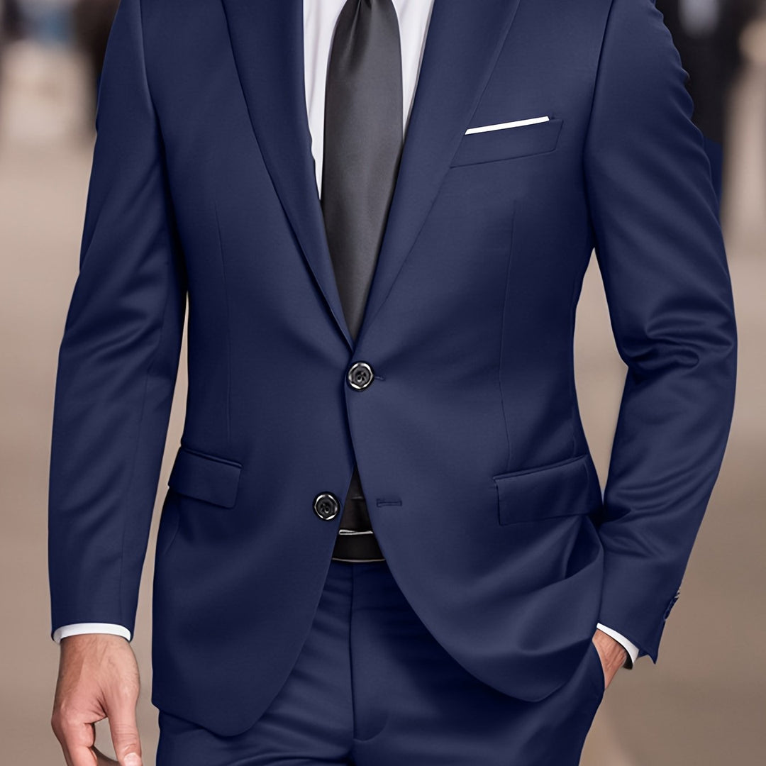 "Costume homme 2 pièces élégant, veste et pantalon ajustés, idéal pour affaires et réceptions. Sophistication moderne."