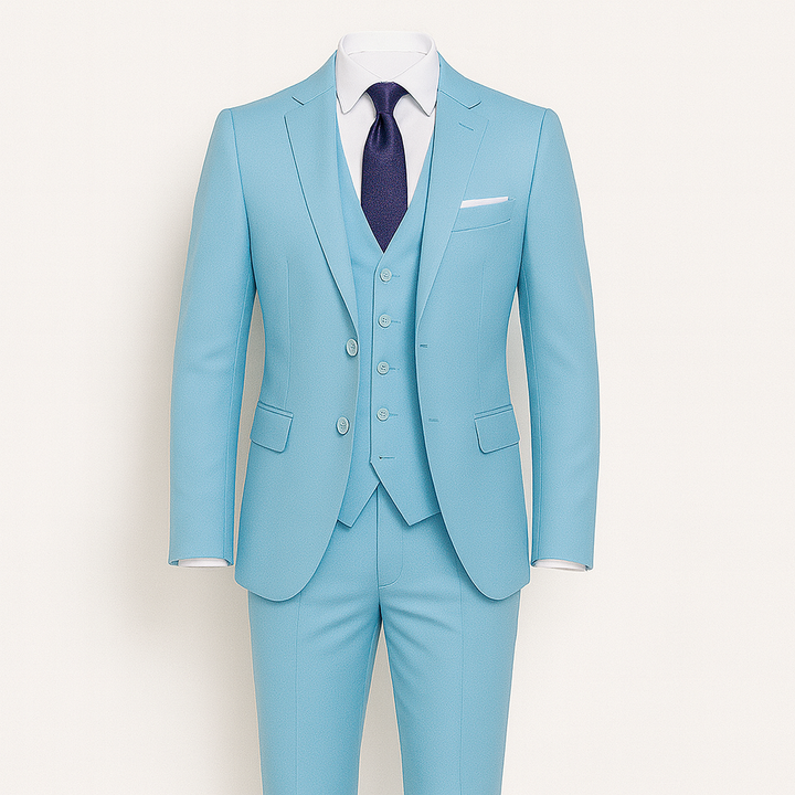 Costume homme 3 pièces bleu marine élégant, idéal pour mariage ou affaires formelles. Mode masculine chic.