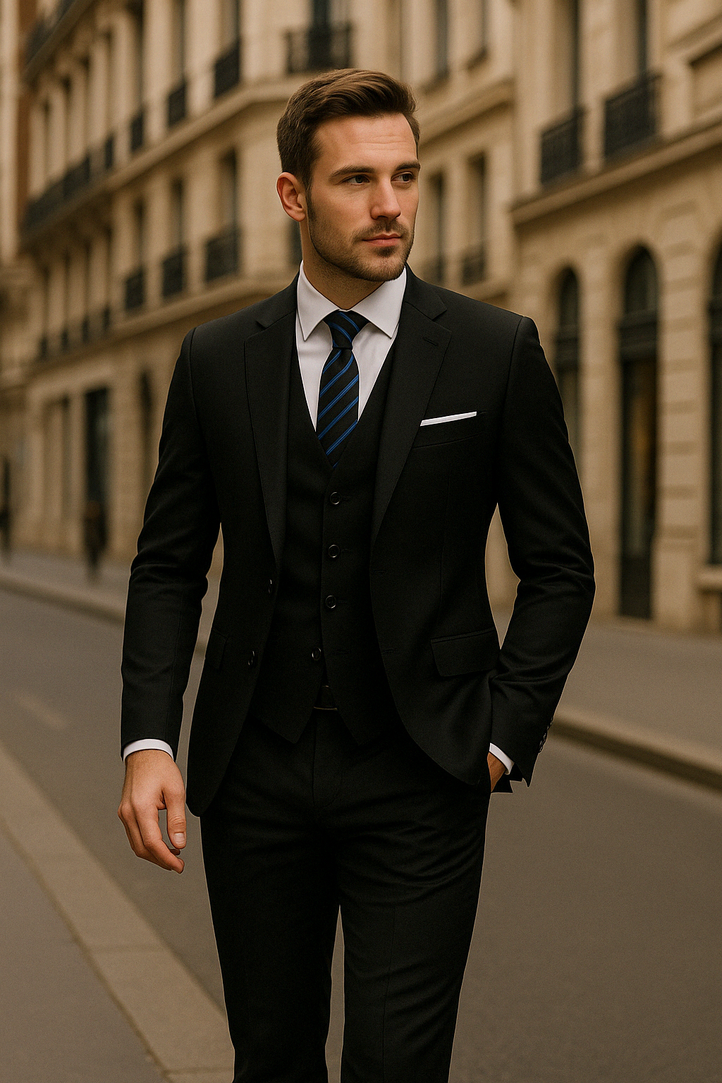 Costume chic homme pour mariage, ensemble formel noir 3 pièces. Élégance et raffinement garantis.