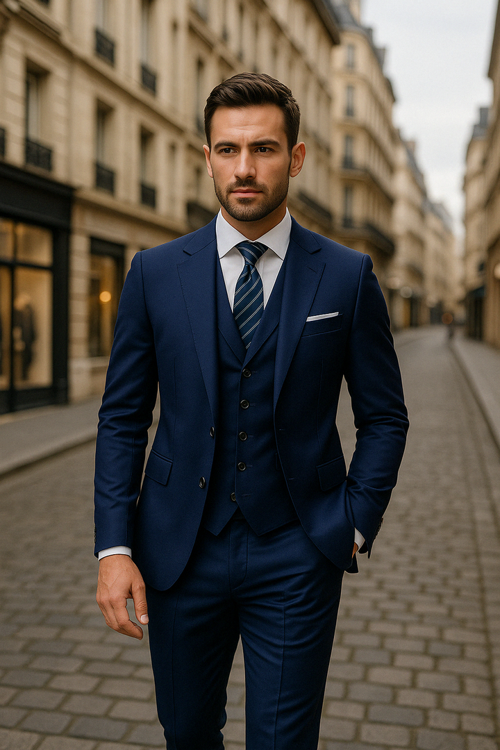 Tenue de cérémonie homme, costume 3 pièces bleu marine raffiné. Idéal pour événements spéciaux.