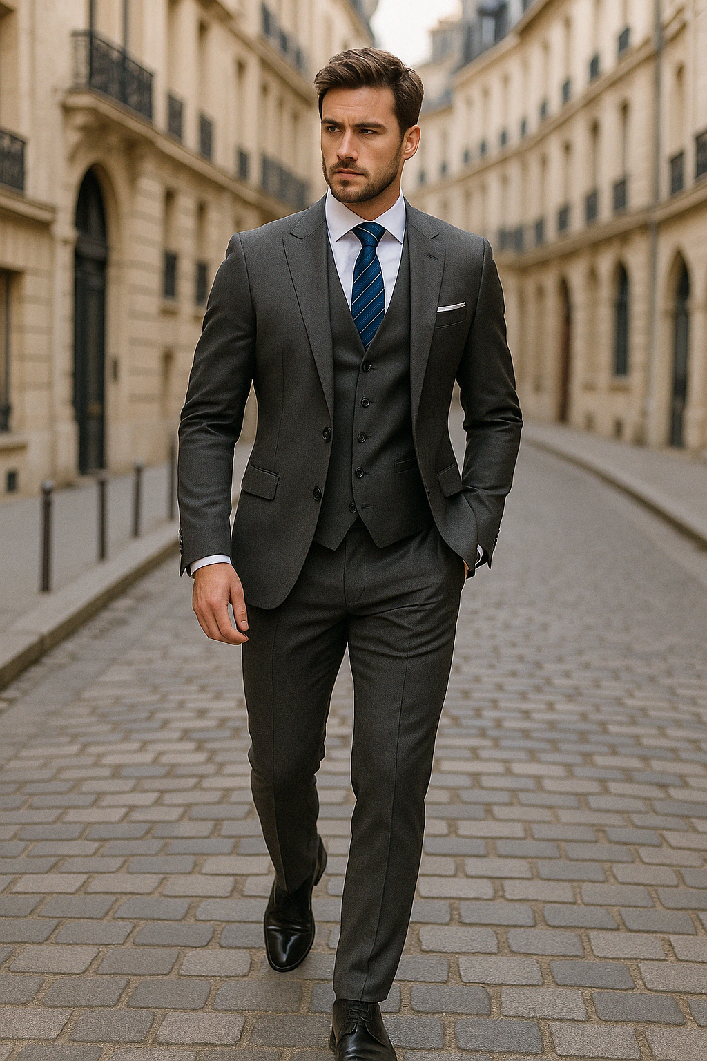 Costume élégant homme noir, ensemble formel complet. Veston, gilet, pantalon pour soirée ou affaires.