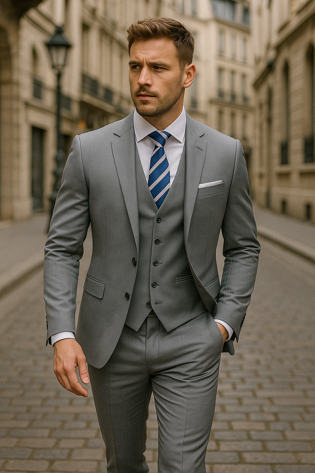 Mode masculine: costume 3 pièces bleu marine, parfait pour affaires ou célébrations. Élégance et confort.