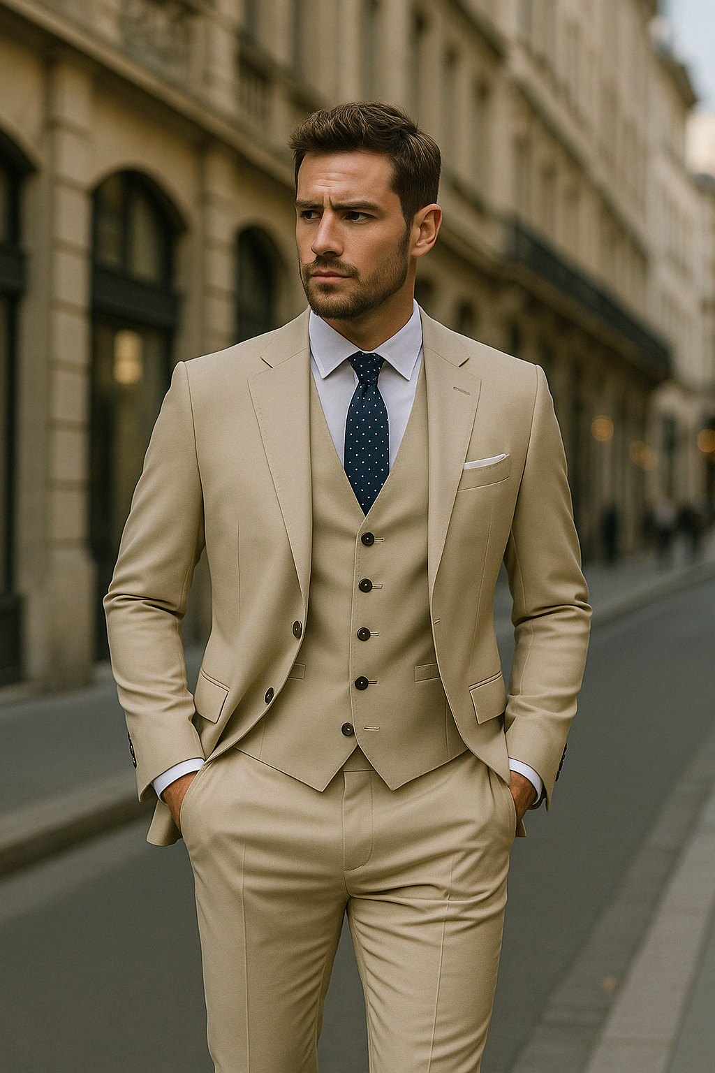 Costume de bureau homme, ensemble formel noir, veston, gilet, pantalon. Look professionnel et chic.