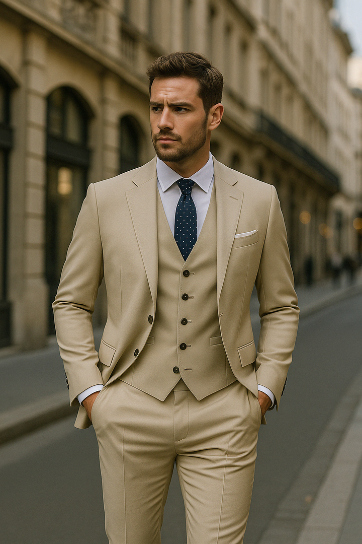 Costume de bureau homme, ensemble formel noir, veston, gilet, pantalon. Look professionnel et chic.