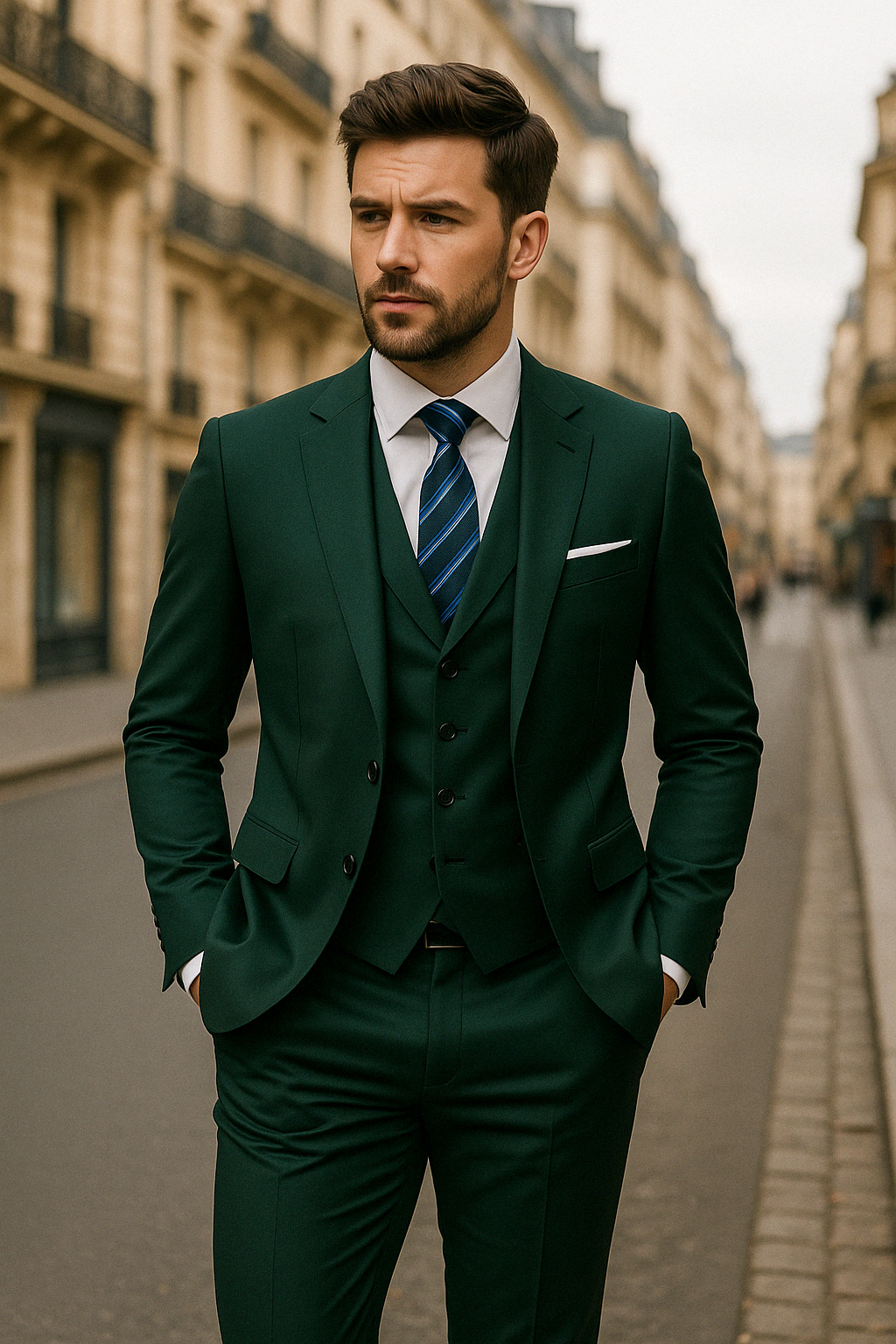 Costume de mariage bleu marine, 3 pièces, élégance et confort pour le grand jour. Tenue masculine chic.