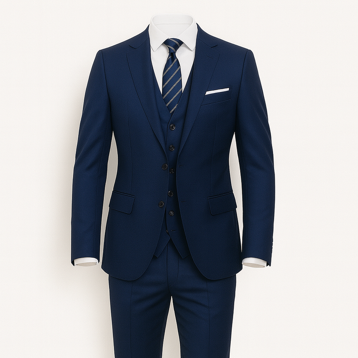 Ensemble formel homme noir, 3 pièces (veston, gilet, pantalon) pour cérémonie ou tenue d'affaires. Élégant.