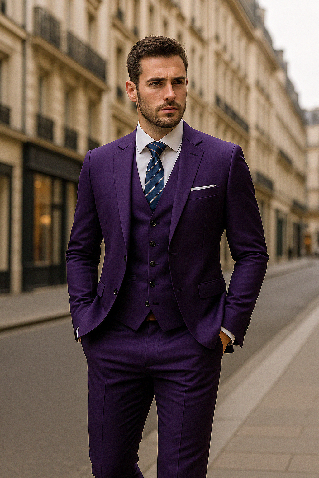 Tenue d'affaires élégante homme, costume formel noir 3 pièces. Idéal pour réunions ou galas. Veston, pantalon, gilet.