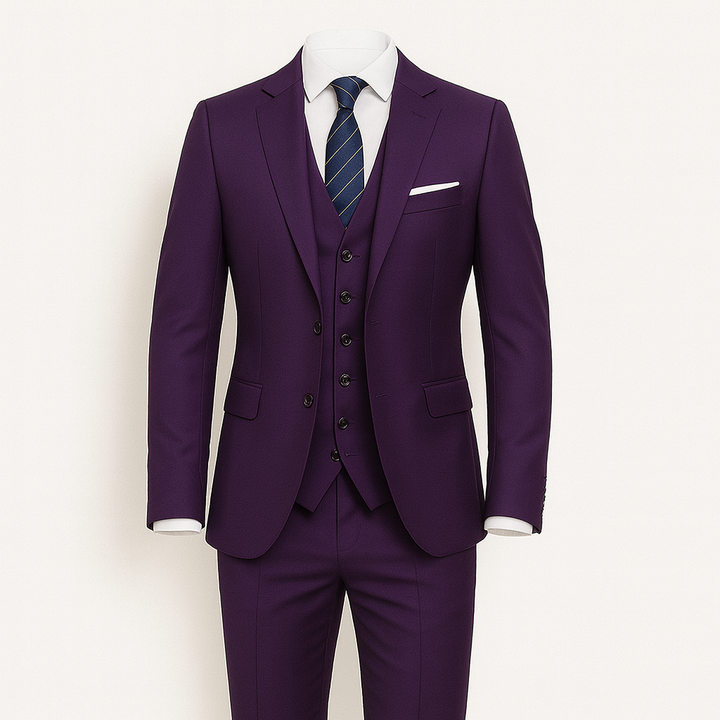 Vêtement cérémonie homme: costume 3 pièces bleu marine, style chic et sophistiqué. Pour mariages ou événements.
