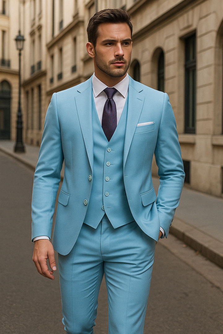 Ensemble 3 pièces bleu marine, mode masculine élégante pour mariage ou cérémonie. Style intemporel.